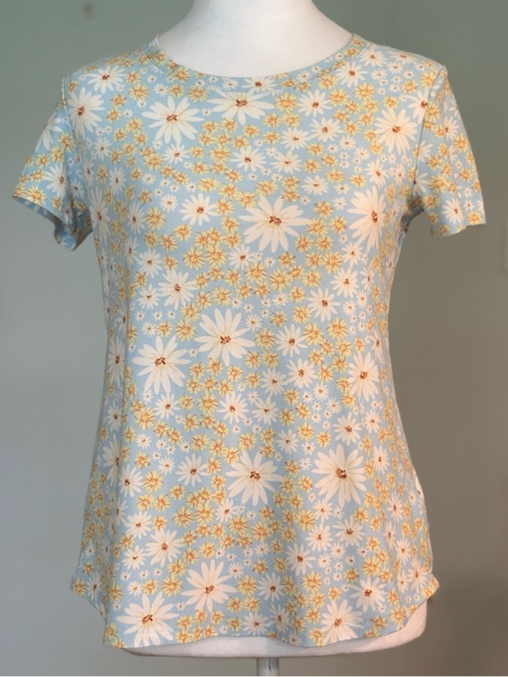 Planet Gold Retro Summer Daisy Floral T-Shirt, Blue, White and Yellow, Size S